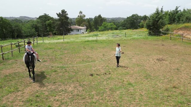 boy child goes to a horse riding lesson in a horse ranch in the countryside - hippotherapy and educating children on the relationship with animals - psychological support activity in childhood