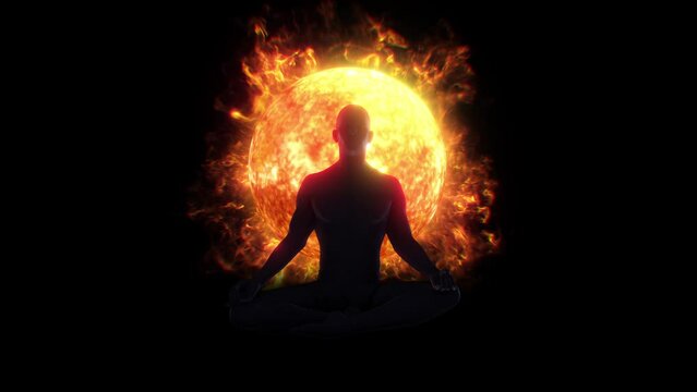 A silhouetted figure sat in a mediation lotus pose, in front of a bright sun with pulsating flowing light energy. 