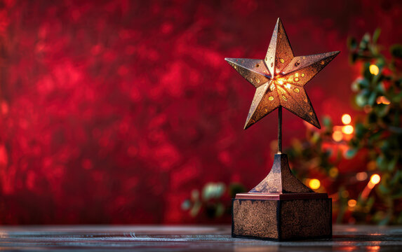A rustic metal star Christmas ornament with warm lights on a red festive background. Perfect for holiday decorations and festive themes.