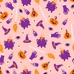 Cute Halloween witch seamless pattern. Vector Halloween pink background with magic cauldron, witch hat, spider, pumpkin and zombie hand. Kids print for fabric texture, wrapping, holiday decoration.