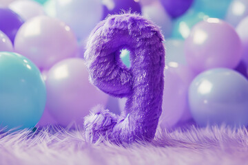 Vibrant, purple and fluffy number nine with blurred balloons on the background. Playful symbol 9. Invitation for ninth birthday celebration. Children, kids party. Greeting card.