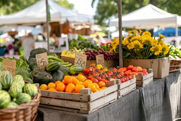 Vibrant Farmers Market Stall with Fresh Colorful Produce and Flowers for Sale