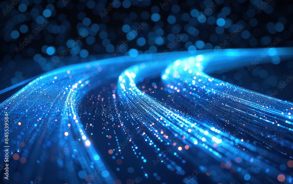 Poster abstract image of blue light trails and bokeh; representation of data, technology, and speed in a di