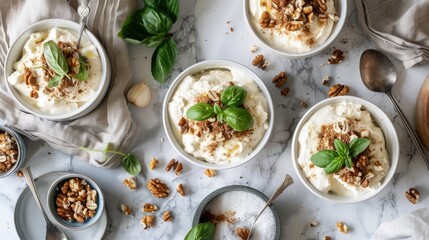 Bowl of cottage cheese with pecans and mint. Flat lay composition with copy space.