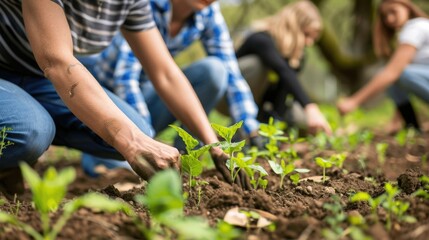 Fototapeta premium Group of people planting herbs in a garden. Outdoor gardening activity.