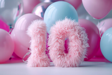 Pink, girlish and fluffy number ten with blurred balloons on the background. Playful symbol 10. Invitation for tenth birthday celebration. Children, kids party. Greeting card design.