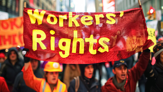 A crowd of people marching with a banner advocating for fair labor conditions, workers rights, and justice, supporting activism and workers solidarity