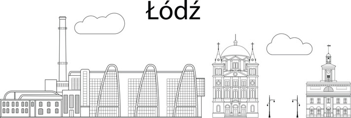 Lodz city skyline - line art vector illustration