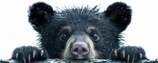 Obraz premium Captivating Image of an Adorable Black Bear Cub Peeking Over a Ledge, Displaying Its Innocent Eyes and Wet Fur Against a White Background