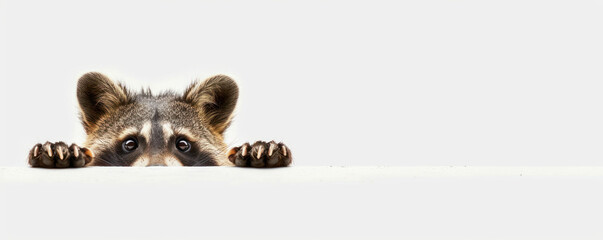 Curious Raccoon Peeking Over a White Surface Adorable Animal Wildlife Photography with a Catchy Minimalistic Background Perfect for Home Decor or Smartphone Wallpaper