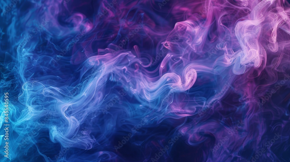 Poster vibrant swirls of blue and purple cigarette smoke creating abstract patterns against a dark backgrou