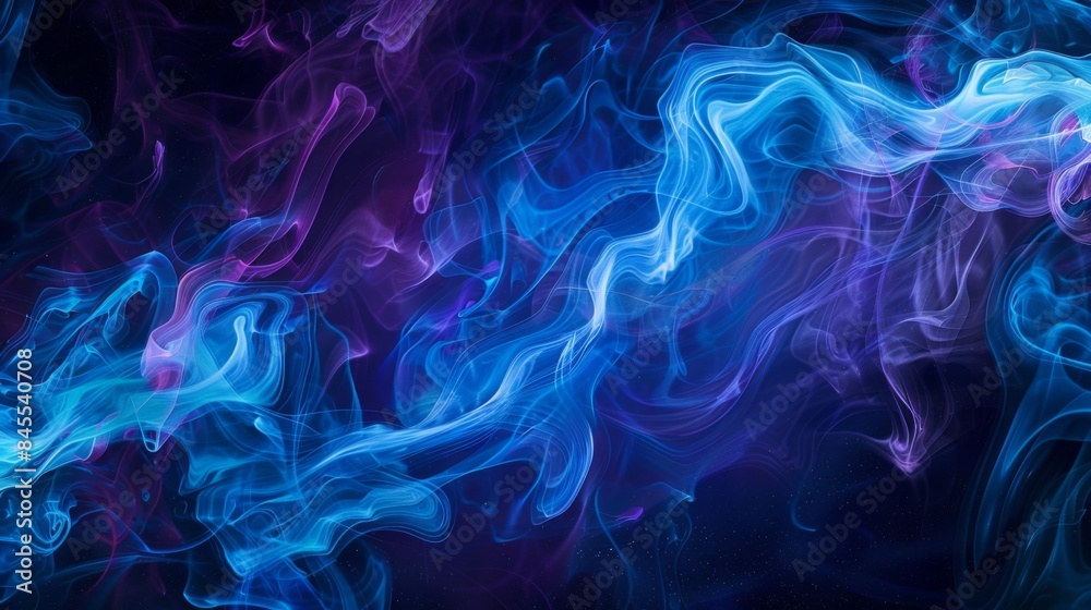 Poster Vibrant swirls of blue and purple cigarette smoke creating abstract patterns against a dark background