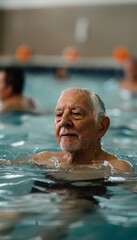 Fototapeta premium Senior Man Engaging in Aquatic Exercise for Joint Pain Relief at Indoor Pool Facility
