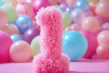 Pink, girlish and fluffy number one with blurred balloons on the background. Playful symbol 1. Invitation for first birthday celebration. Children, kids party. Greeting card design.