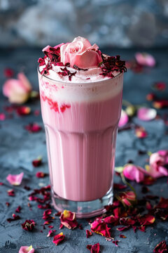 Pink milkshake with rose petals