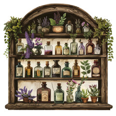 Rustic Herbal Apothecary Shelf with Vintage Bottles and Fresh Herbs