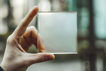 Hand holding blank glass plate for text.