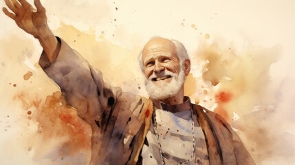 The painting of St. Philip Neri in Moment of Joy with Background of Rome, Beige Background, Copyspace,Christian banner