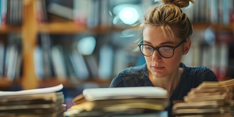 A busy businesswoman searches through stacks of paper files at her desk. Concept Office Chaos, Paperwork Overload, Stressful Work Environment