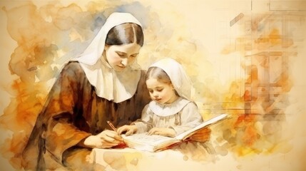 The painting of St. Mary MacKillop Teaching Children in 19th-Century Australia, Beige Background, Copyspace,Christian banner © T Studio