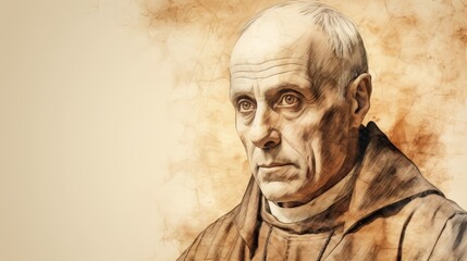 Fototapeta premium The painting of St. Norbert of Xanten in Reflection in 12th-Century German Village, Beige Background, Copyspace,Christian banner