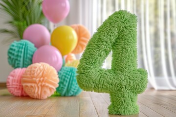 Vibrant, green and fluffy number four with blurred balloons on the background. Playful symbol 4. Invitation for fourth birthday celebration. Children, kids party. Greeting card design.