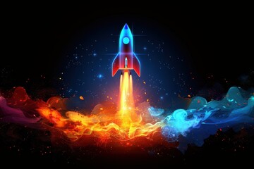 A rocket launching upwards with vibrant colors and dynamic motion.