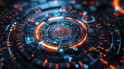 Futuristic digital interface with glowing blue and orange circular patterns, representing advanced technology and innovation in a high-tech concept.
