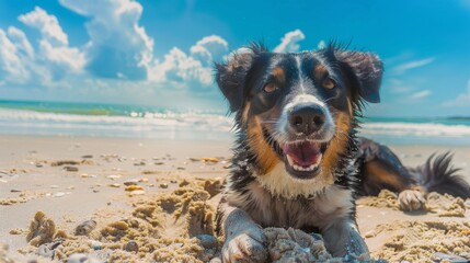 Happy Dog Lounging on a Sunny Beach
