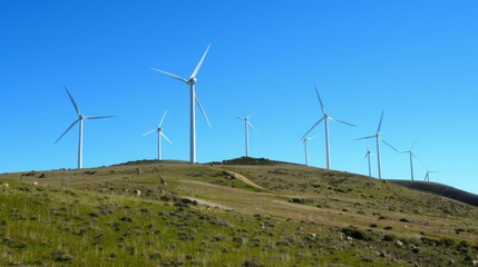 Fototapeta premium Wind turbines on a hilltop against a bright, clear sky, showcasing wind energy as a clean power source