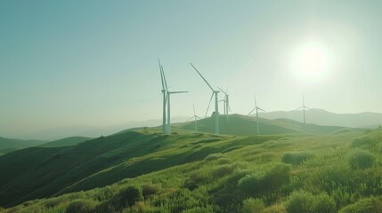 Wind turbines on a hilltop against a bright, clear sky, showcasing wind energy as a clean power source