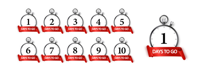 1 days to go icon set. Countdown of days remaining. Offer timer sticker limited to a few days. Vector