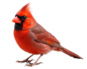 A vivid red Northern cardinal with a sharp crest and black mask. Its bright plumage contrasts beautifully against a black background, emphasizing its distinctive features. transparent background