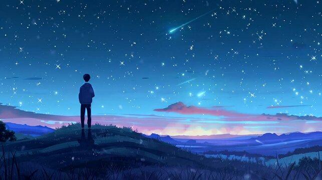 A Man looks at the starlit sky from field of rolling hills. Anime or cartoon style, looping 4k video animation background