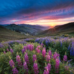Beautiful natural panoramic countryside landscape. Blooming wild high grass in nature at sunset warm summer. Pastoral scenery. Selective focusing on foreground.sunset on grassy hills with pink flowers