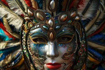 A close-up view of a stunningly detailed carnival mask with vibrant, festive colors.
