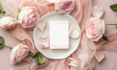 Romantic table setting wedding card mockup with pink roses in pastel colors. Flat lay. Copy space.