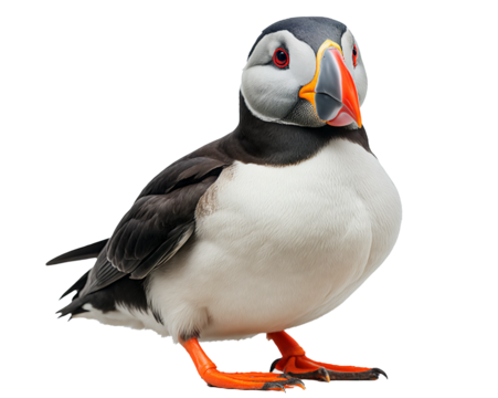 A charming Atlantic puffin with black and white feathers and a colorful beak. Its bright orange feet and inquisitive expression are accentuated against a dark backdrop. transparent background