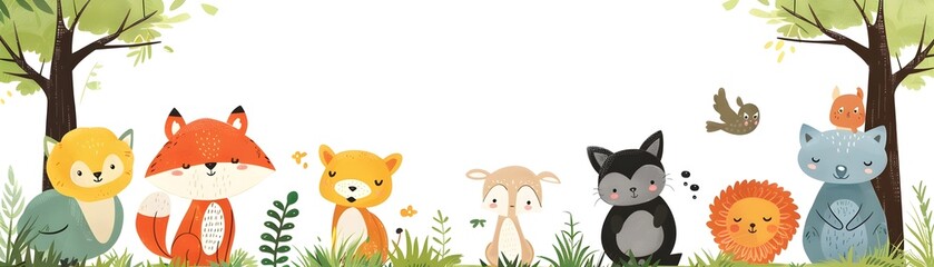 Fototapeta premium Adorable Cartoon Animal Frame with Vibrant Nature Elements for Kid s Playroom Decor