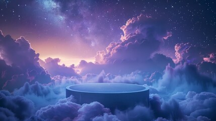 Spectacular scene with a podium set against the celestial canvas of the night sky, stars, and clouds