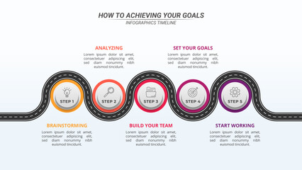 Horizontal Road Timeline Infographic with 5 Steps and Editable Text on a 16:9 Layout for Business Presentations, Management, and Evaluation.