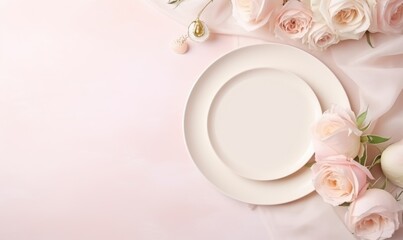 Romantic table setting template with pink roses in pastel colors/ Flat lay. Copy space. - Powered by Adobe