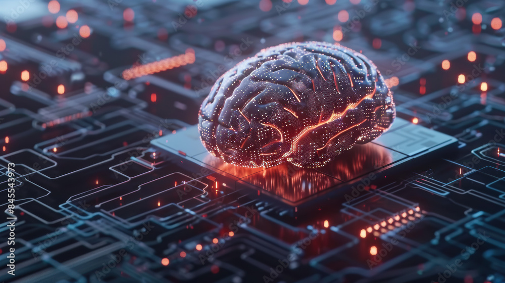 Poster futuristic depiction of artificial intelligence with a digital brain on a circuit board, representin