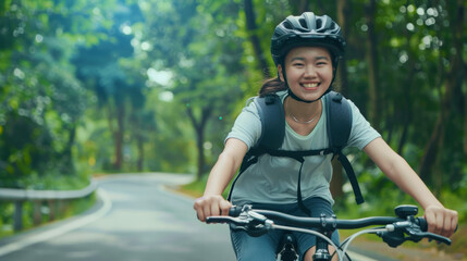 Obraz premium マウンテンバイクで緑の公園を走る女性 Woman riding a mountain bike through a green park.Generative AI