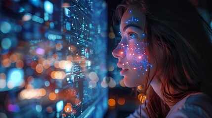 Woman with Facial Recognition Technology in Futuristic Setting
