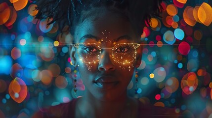 Young Woman With Illuminated Glasses in Colorful Bokeh Lighting