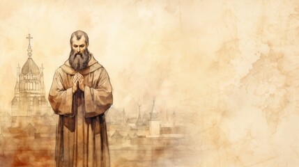 The painting of St. Basil the Great in Prayer with 4th-Century Church Background, Beige Background, Copyspace,Christian banner