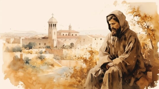 The painting of St. Benedict Joseph Labre in Reflection on Rome Streets, Beige Background, Copyspace,Christian banner