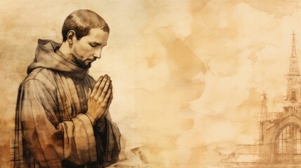 Fototapeta premium The painting of St. Cajetan in Prayer in 16th-Century Italian Church, Beige Background, Copyspace,Christian banner