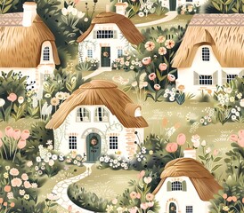 Whimsical Fairytale Inspired Thatched Roof Cottages in Lush Pastoral Garden Oasis